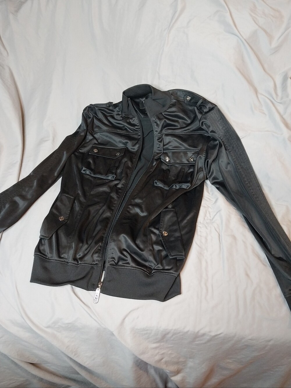 Men's Black Satin Look Bomber Jacket with Utility Pockets